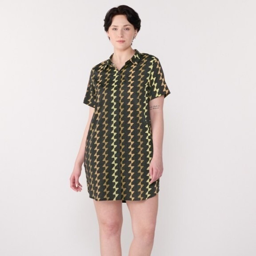 Roark Womens Bless Up Micro Perforated Stretch Shirt Dress Geometric Zigzag Sz M